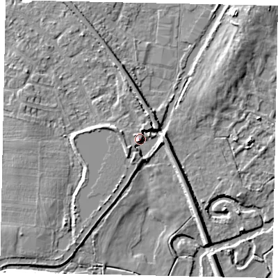 Shaded relief map of the ground around KT152JX, computed from Environment Agency LiDAR. The ground here sits at about 16 m above sea level and falls 8 m across the surrounding 800 m. Surface water reaching this point runs off ground lying to the south-west, 4.2 m higher.