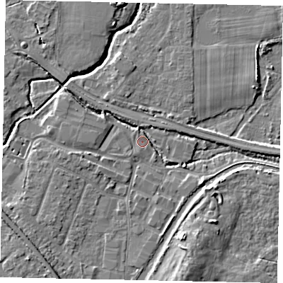 Shaded relief map of the ground around KT152LE, computed from Environment Agency LiDAR. The ground here sits at about 12 m above sea level and falls 7 m across the surrounding 800 m. Surface water reaching this point runs off ground lying to the south-south-west, 4.7 m higher.