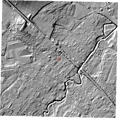 Shaded relief map of the ground around KT152LP, computed from Environment Agency LiDAR. The ground here sits at about 14 m above sea level and falls 10 m across the surrounding 800 m. Surface water reaching this point runs off ground lying to the north-west, 6.7 m higher.