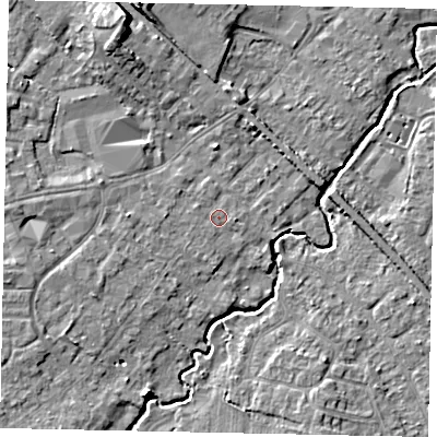 Shaded relief map of the ground around KT152LR, computed from Environment Agency LiDAR. The ground here sits at about 14 m above sea level and falls 10 m across the surrounding 800 m. Surface water reaching this point runs off ground lying to the west-south-west, 0.9 m higher.