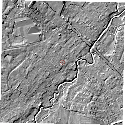 Shaded relief map of the ground around KT152LS, computed from Environment Agency LiDAR. The ground here sits at about 14 m above sea level and falls 9 m across the surrounding 800 m. Surface water reaching this point runs off ground lying to the west-north-west, 0.9 m higher.
