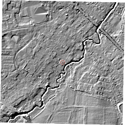 Shaded relief map of the ground around KT152LU, computed from Environment Agency LiDAR. The ground here sits at about 14 m above sea level and falls 6 m across the surrounding 800 m. Surface water reaching this point runs off ground lying to the west-north-west, 2.1 m higher.