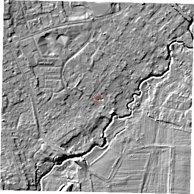 Shaded relief map of the ground around KT152LX, computed from Environment Agency LiDAR. The ground here sits at about 14 m above sea level and falls 8 m across the surrounding 800 m. Surface water reaching this point runs off ground lying to the west-north-west, 4.1 m higher.