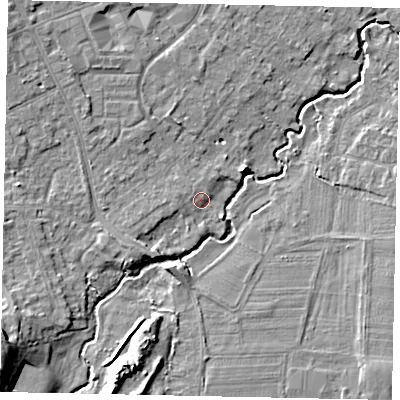 Shaded relief map of the ground around KT152NA, computed from Environment Agency LiDAR. The ground here sits at about 15 m above sea level and falls 12 m across the surrounding 800 m. Surface water reaching this point runs off ground lying to the south-west, 2.9 m higher.