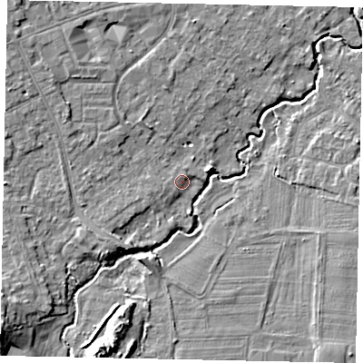 Shaded relief map of the ground around KT152NB, computed from Environment Agency LiDAR. The ground here sits at about 14 m above sea level and falls 10 m across the surrounding 800 m. Surface water reaching this point runs off ground lying to the south-west, 3.1 m higher.