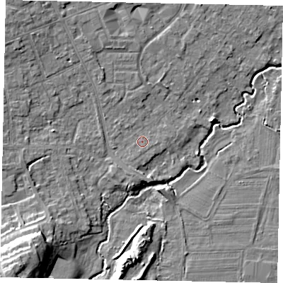 Shaded relief map of the ground around KT152ND, computed from Environment Agency LiDAR. The ground here sits at about 15 m above sea level and falls 15 m across the surrounding 800 m. Surface water reaching this point runs off ground lying to the west-south-west, 0.9 m higher.