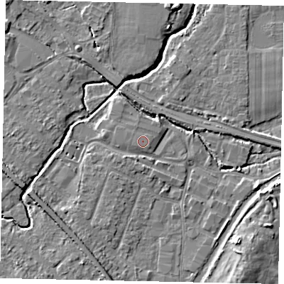 Shaded relief map of the ground around KT152NX, computed from Environment Agency LiDAR. The ground here sits at about 14 m above sea level and falls 7 m across the surrounding 800 m. The ground contributing surface water to this point lies to the west-north-west.