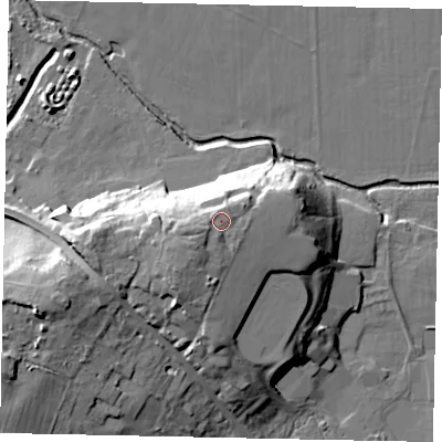 Shaded relief map of the ground around KT152NZ, computed from Environment Agency LiDAR. The ground here sits at about 26 m above sea level and falls 21 m across the surrounding 800 m. Surface water reaching this point runs off ground lying to the south-west, 2.8 m higher.