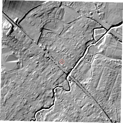 Shaded relief map of the ground around KT152PE, computed from Environment Agency LiDAR. The ground here sits at about 14 m above sea level and falls 12 m across the surrounding 800 m. Surface water reaching this point runs off ground lying to the west-north-west, 2.4 m higher.