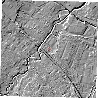 Shaded relief map of the ground around KT152PF, computed from Environment Agency LiDAR. The ground here sits at about 13 m above sea level and falls 7 m across the surrounding 800 m. Surface water reaching this point runs off ground lying to the south-south-east, 3.0 m higher.