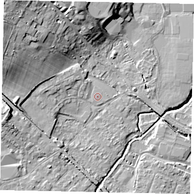 Shaded relief map of the ground around KT152PG, computed from Environment Agency LiDAR. The ground here sits at about 13 m above sea level and falls 17 m across the surrounding 800 m. The ground contributing surface water to this point lies to the south-west.
