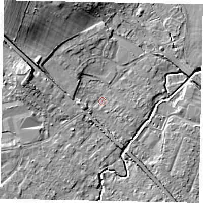 Shaded relief map of the ground around KT152PH, computed from Environment Agency LiDAR. The ground here sits at about 13 m above sea level and falls 17 m across the surrounding 800 m. Surface water reaching this point runs off ground lying to the west-south-west, 3.2 m higher.