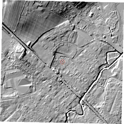 Shaded relief map of the ground around KT152PJ, computed from Environment Agency LiDAR. The ground here sits at about 13 m above sea level and falls 17 m across the surrounding 800 m. Surface water reaching this point runs off ground lying to the north-west, 11.7 m higher.