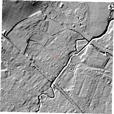 Shaded relief map of the ground around KT152PL, computed from Environment Agency LiDAR. The ground here sits at about 13 m above sea level and falls 13 m across the surrounding 800 m. Surface water reaching this point runs off ground lying to the west-south-west, 0.7 m higher.