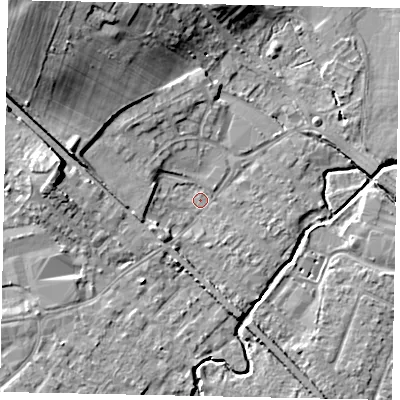 Shaded relief map of the ground around KT152PN, computed from Environment Agency LiDAR. The ground here sits at about 13 m above sea level and falls 17 m across the surrounding 800 m. Surface water reaching this point runs off ground lying to the north-west, 11.7 m higher.