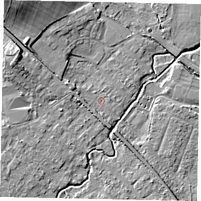 Shaded relief map of the ground around KT152PQ, computed from Environment Agency LiDAR. The ground here sits at about 13 m above sea level and falls 14 m across the surrounding 800 m. Surface water reaching this point runs off ground lying to the west, 2.4 m higher.
