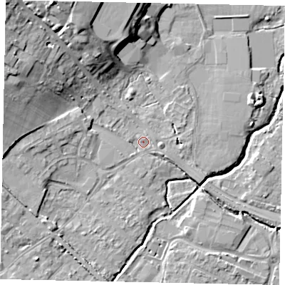 Shaded relief map of the ground around KT152PR, computed from Environment Agency LiDAR. The ground here sits at about 13 m above sea level and falls 17 m across the surrounding 800 m. Surface water reaching this point runs off ground lying to the north-west, 12.3 m higher.