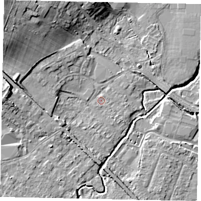 Shaded relief map of the ground around KT152PS, computed from Environment Agency LiDAR. The ground here sits at about 13 m above sea level and falls 15 m across the surrounding 800 m. Surface water reaching this point runs off ground lying to the west-north-west, 10.8 m higher.