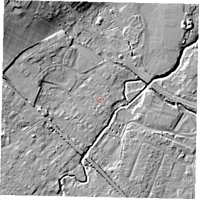 Shaded relief map of the ground around KT152PT, computed from Environment Agency LiDAR. The ground here sits at about 13 m above sea level and falls 13 m across the surrounding 800 m. Surface water reaching this point runs off ground lying to the south-south-east, 0.8 m higher.
