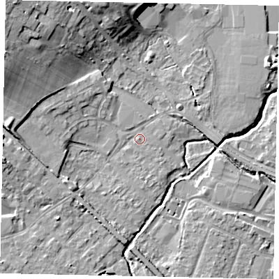 Shaded relief map of the ground around KT152PU, computed from Environment Agency LiDAR. The ground here sits at about 13 m above sea level and falls 15 m across the surrounding 800 m. Surface water reaching this point runs off ground lying to the west-north-west, 9.9 m higher.