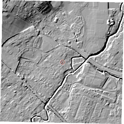 Shaded relief map of the ground around KT152PX, computed from Environment Agency LiDAR. The ground here sits at about 13 m above sea level and falls 14 m across the surrounding 800 m. Surface water reaching this point runs off ground lying to the west, 0.8 m higher.