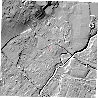 Shaded relief map of the ground around KT152PY, computed from Environment Agency LiDAR. The ground here sits at about 13 m above sea level and falls 15 m across the surrounding 800 m. Surface water reaching this point runs off ground lying to the west-north-west, 7.8 m higher.
