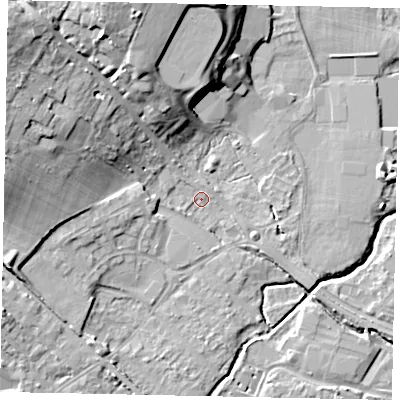 Shaded relief map of the ground around KT152QA, computed from Environment Agency LiDAR. The ground here sits at about 13 m above sea level and falls 18 m across the surrounding 800 m. Surface water reaching this point runs off ground lying to the north-west, 14.8 m higher.