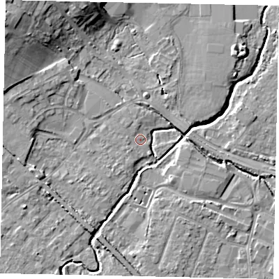 Shaded relief map of the ground around KT152QD, computed from Environment Agency LiDAR. The ground here sits at about 13 m above sea level and falls 13 m across the surrounding 800 m. Surface water reaching this point runs off ground lying to the west-south-west, 1.4 m higher.