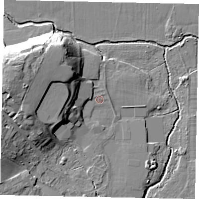 Shaded relief map of the ground around KT152QN, computed from Environment Agency LiDAR. The ground here sits at about 13 m above sea level and falls 19 m across the surrounding 800 m. Surface water reaching this point runs off ground lying to the west-north-west, 9.2 m higher.