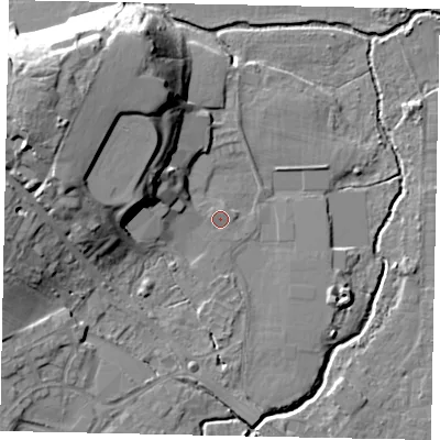 Shaded relief map of the ground around KT152QS, computed from Environment Agency LiDAR. The ground here sits at about 13 m above sea level and falls 19 m across the surrounding 800 m. Surface water reaching this point runs off ground lying to the west-north-west, 16.0 m higher.
