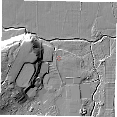 Shaded relief map of the ground around KT152QT, computed from Environment Agency LiDAR. The ground here sits at about 13 m above sea level and falls 19 m across the surrounding 800 m. Surface water reaching this point runs off ground lying to the west, 13.4 m higher.