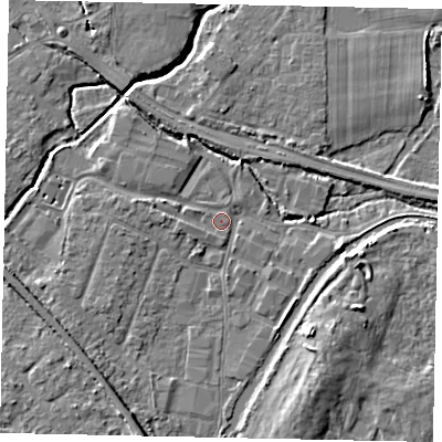 Shaded relief map of the ground around KT152QW, computed from Environment Agency LiDAR. The ground here sits at about 13 m above sea level and falls 6 m across the surrounding 800 m. Surface water reaching this point runs off ground lying to the south-south-west, 4.6 m higher.