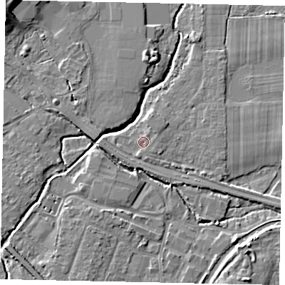 Shaded relief map of the ground around KT152QX, computed from Environment Agency LiDAR. The ground here sits at about 13 m above sea level and falls 12 m across the surrounding 800 m. Surface water reaching this point runs off ground lying to the north-east, 1.1 m higher.