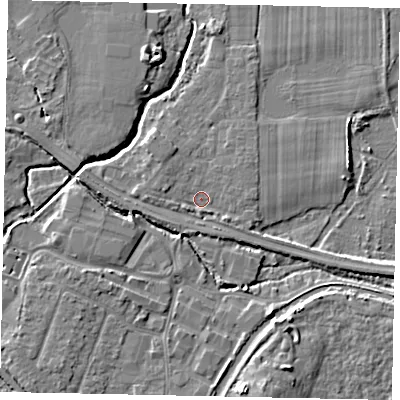 Shaded relief map of the ground around KT152QY, computed from Environment Agency LiDAR. The ground here sits at about 13 m above sea level and falls 6 m across the surrounding 800 m. Surface water reaching this point runs off ground lying to the west-north-west, 1.6 m higher.