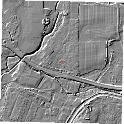 Shaded relief map of the ground around KT152QZ, computed from Environment Agency LiDAR. The ground here sits at about 13 m above sea level and falls 6 m across the surrounding 800 m. Surface water reaching this point runs off ground lying to the west, 1.6 m higher.
