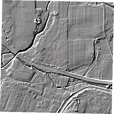 Shaded relief map of the ground around KT152RA, computed from Environment Agency LiDAR. The ground here sits at about 13 m above sea level and falls 6 m across the surrounding 800 m. The ground contributing surface water to this point lies to the east-south-east.