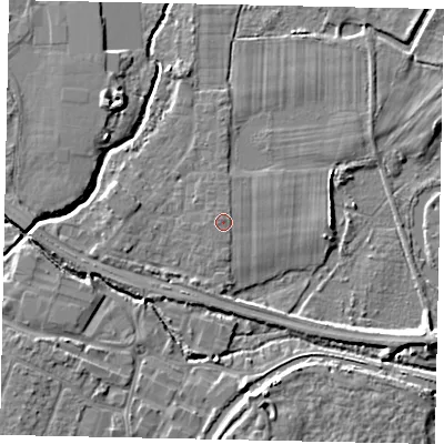 Shaded relief map of the ground around KT152RB, computed from Environment Agency LiDAR. The ground here sits at about 13 m above sea level and falls 6 m across the surrounding 800 m. The ground contributing surface water to this point lies to the north-east.