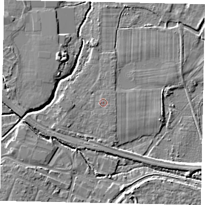 Shaded relief map of the ground around KT152RD, computed from Environment Agency LiDAR. The ground here sits at about 13 m above sea level and falls 6 m across the surrounding 800 m. The ground contributing surface water to this point lies to the south-east.