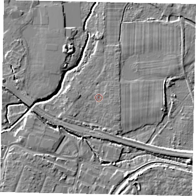Shaded relief map of the ground around KT152RE, computed from Environment Agency LiDAR. The ground here sits at about 13 m above sea level and falls 6 m across the surrounding 800 m. Surface water reaching this point runs off ground lying to the west, 1.5 m higher.