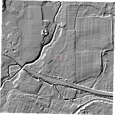 Shaded relief map of the ground around KT152RF, computed from Environment Agency LiDAR. The ground here sits at about 13 m above sea level and falls 6 m across the surrounding 800 m. Surface water reaching this point runs off ground lying to the west-south-west, 1.9 m higher.