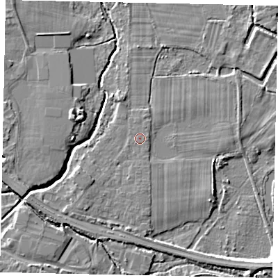 Shaded relief map of the ground around KT152RG, computed from Environment Agency LiDAR. The ground here sits at about 12 m above sea level and falls 6 m across the surrounding 800 m. The ground contributing surface water to this point lies to the north-north-east.