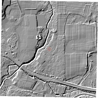 Shaded relief map of the ground around KT152RQ, computed from Environment Agency LiDAR. The ground here sits at about 12 m above sea level and falls 8 m across the surrounding 800 m. Surface water reaching this point runs off ground lying to the south-south-west, 1.9 m higher.