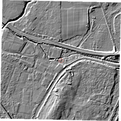 Shaded relief map of the ground around KT152RX, computed from Environment Agency LiDAR. The ground here sits at about 12 m above sea level and falls 6 m across the surrounding 800 m. Surface water reaching this point runs off ground lying to the south-west, 4.7 m higher.