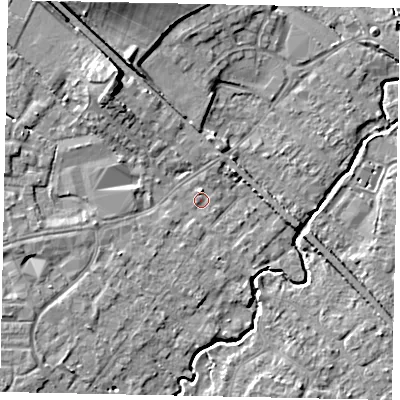 Shaded relief map of the ground around KT152RY, computed from Environment Agency LiDAR. The ground here sits at about 14 m above sea level and falls 10 m across the surrounding 800 m. Surface water reaching this point runs off ground lying to the north-north-west, 7.0 m higher.