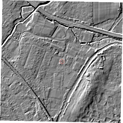 Shaded relief map of the ground around KT152SA, computed from Environment Agency LiDAR. The ground here sits at about 13 m above sea level and falls 6 m across the surrounding 800 m. Surface water reaching this point runs off ground lying to the south-west, 3.5 m higher.