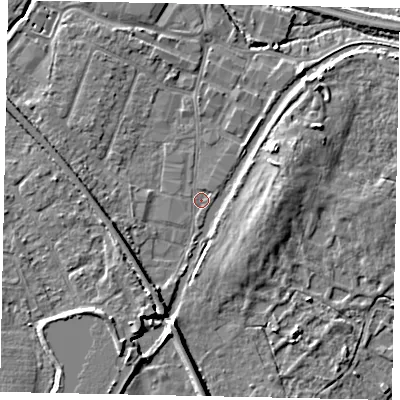 Shaded relief map of the ground around KT152SB, computed from Environment Agency LiDAR. The ground here sits at about 13 m above sea level and falls 5 m across the surrounding 800 m. Surface water reaching this point runs off ground lying to the east, 4.4 m higher.