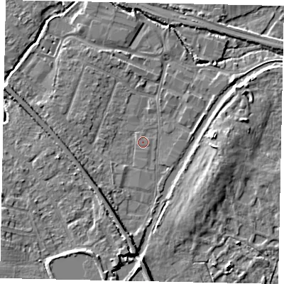 Shaded relief map of the ground around KT152SD, computed from Environment Agency LiDAR. The ground here sits at about 13 m above sea level and falls 6 m across the surrounding 800 m. Surface water reaching this point runs off ground lying to the south-west, 1.2 m higher.