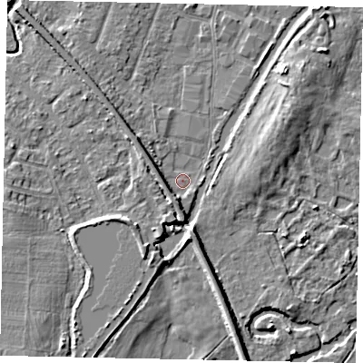 Shaded relief map of the ground around KT152SF, computed from Environment Agency LiDAR. The ground here sits at about 13 m above sea level and falls 5 m across the surrounding 800 m. Surface water reaching this point runs off ground lying to the south-south-west, 3.5 m higher.