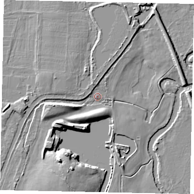 Shaded relief map of the ground around KT152SH, computed from Environment Agency LiDAR. The ground here sits at about 14 m above sea level and falls 10 m across the surrounding 800 m. Surface water reaching this point runs off ground lying to the south-west, 8.4 m higher.