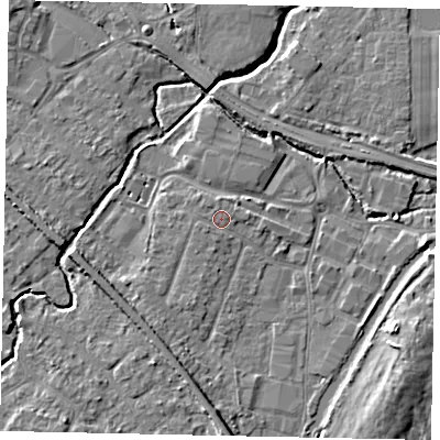 Shaded relief map of the ground around KT152SJ, computed from Environment Agency LiDAR. The ground here sits at about 14 m above sea level and falls 6 m across the surrounding 800 m. Surface water reaching this point runs off ground lying to the north, 0.9 m higher.